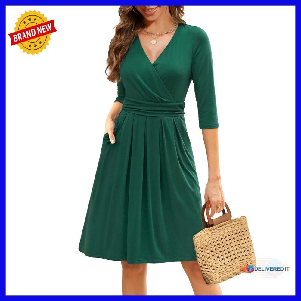 Wrap V Neck 3/4 Sleeve Cocktail Dress with Pockets A-Line Fit Flare